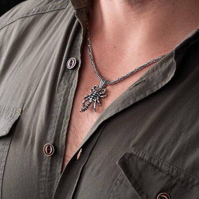 925 Ayar Gümüş Akrep Modeli Uçlu Erkek Kolye Kral Zincirli - 4