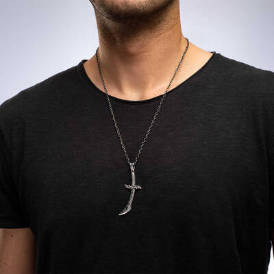 925 Ayar Gümüş Hançer Motifli Erkek Kolye (Kalın Zincirli) - 2