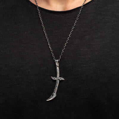 925 Ayar Gümüş Hançer Motifli Erkek Kolye (Kalın Zincirli) - 3