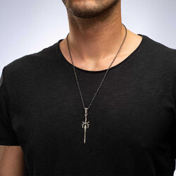 925 Ayar Gümüş Kılıç Motifli Erkek Kolye (Kalın Zincirli) - 2