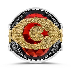 925 Ayar Gümüş Kırmızı Taşlı Ay Yıldız Özel Tasarım Erkek Yüzük - Thumbnail