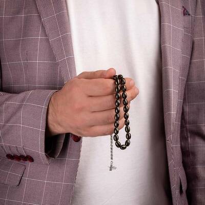 925 Ayar Gümüş Tuğra Püsküllü Kapsül Kesim İşlemeli Oltu Tesbih - 3