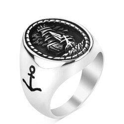 925 Ayar Gümüş Yelkenli Motifli Denizci Yüzüğü - Thumbnail