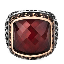 925 Ayar Gümüş Zirkon Kırmızı Taşlı İşlemeli Erkek Yüzük - 2