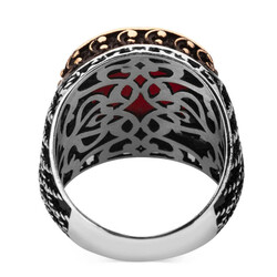 925 Ayar Gümüş Zirkon Kırmızı Taşlı İşlemeli Erkek Yüzük - 3