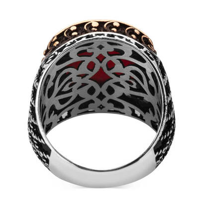 925 Ayar Gümüş Zirkon Kırmızı Taşlı İşlemeli Erkek Yüzük - 3