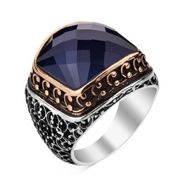 925 Ayar Gümüş Zirkon Mavi Taşlı İşlemeli Erkek Yüzük