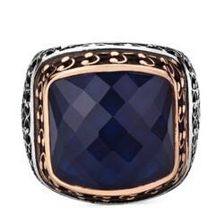 925 Ayar Gümüş Zirkon Mavi Taşlı İşlemeli Erkek Yüzük - 2