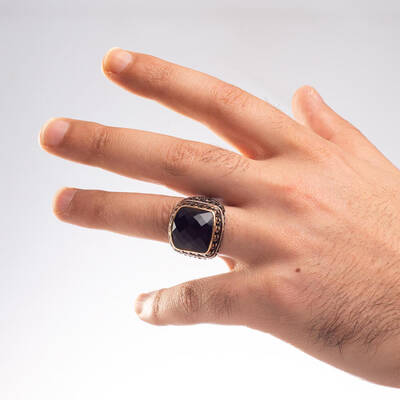 925 Ayar Gümüş Zirkon Mavi Taşlı İşlemeli Erkek Yüzük - 4