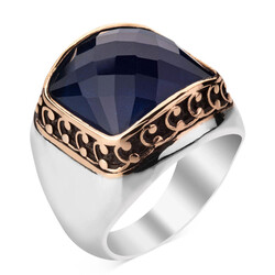 925 Ayar Gümüş Zirkon Mavi Taşlı Sade Erkek Yüzük