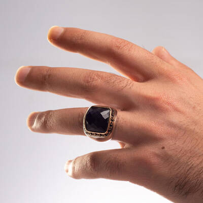 925 Ayar Gümüş Zirkon Mavi Taşlı Sade Erkek Yüzük - 4