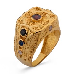 Antik Tasarım Mini Taş Süslemeli 925 Ayar Gümüş Erkek Yüzük Gold Renk - 1
