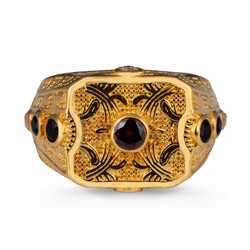 Antik Tasarım Mini Taş Süslemeli 925 Ayar Gümüş Erkek Yüzük Gold Renk - 2