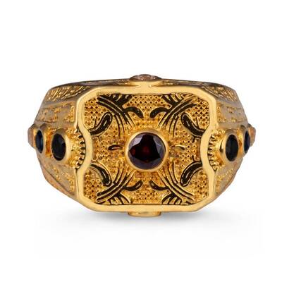 Antik Tasarım Mini Taş Süslemeli 925 Ayar Gümüş Erkek Yüzük Gold Renk - 2