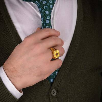 Antik Tasarım Mini Taş Süslemeli 925 Ayar Gümüş Erkek Yüzük Gold Renk - 4
