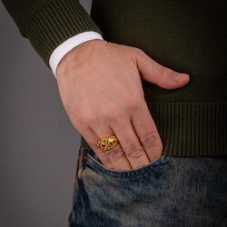 Antik Tasarım Mini Taş Süslemeli 925 Ayar Gümüş Erkek Yüzük Gold Renk - 5