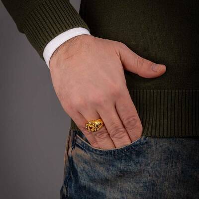Antik Tasarım Mini Taş Süslemeli 925 Ayar Gümüş Erkek Yüzük Gold Renk - 5