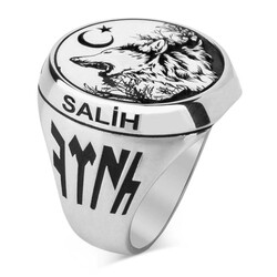Ay Yıldız Bozkurt Motifli İsimli Gümüş Erkek Yüzük