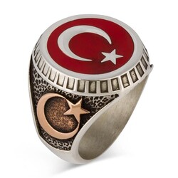 Ay Yıldız ve Osmanlı Armalı Türk Bayrağı Gümüş Erkek Yüzük Kırmızı - Thumbnail