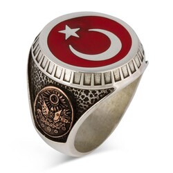 Ay Yıldız ve Osmanlı Armalı Türk Bayrağı Gümüş Erkek Yüzük Kırmızı - Thumbnail