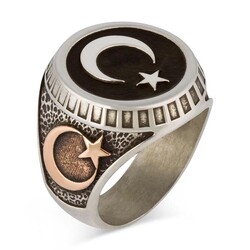 Ay Yıldız ve Osmanlı Armalı Türk Bayrağı Gümüş Erkek Yüzük Siyah - Thumbnail