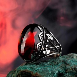 Balta Figürlü Kırmızı Taşlı Gümüş Erkek Yüzük