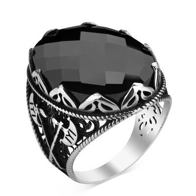 Balta Figürlü Siyah Zirkon Taşlı Gümüş Erkek Yüzük - 2