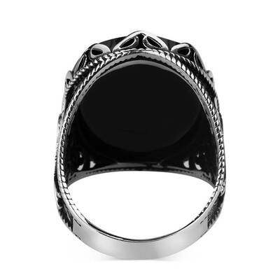Balta Figürlü Siyah Zirkon Taşlı Gümüş Erkek Yüzük - 4