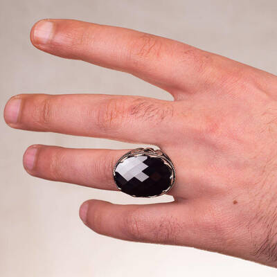 Balta Figürlü Siyah Zirkon Taşlı Gümüş Erkek Yüzük - 5