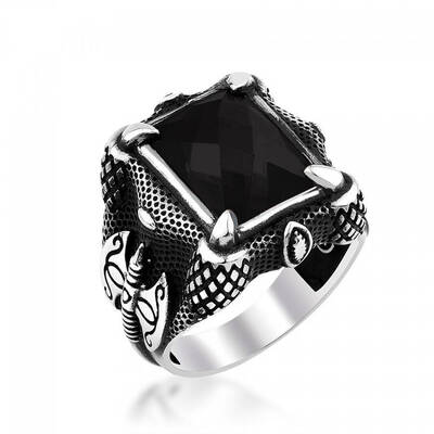 Balta İşlemeli Siyah Zirkon Taşlı Gümüş Erkek Yüzük - 1