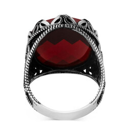 Balta Motifli Fasetalı Kırmızı Zirkon Taşlı Erkek Yüzük - 3