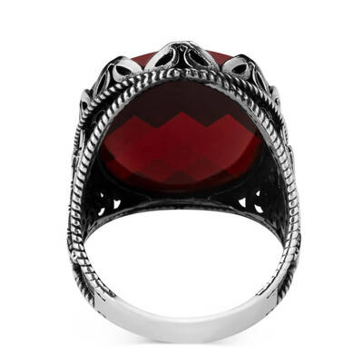 Balta Motifli Fasetalı Kırmızı Zirkon Taşlı Erkek Yüzük - 3