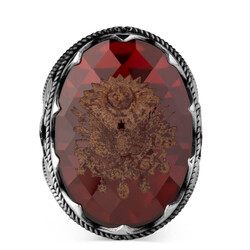 Balta Motifli Kırmızı Zirkon Taşlı Armalı Erkek Yüzük - 2