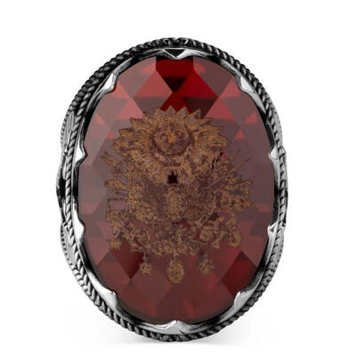 Balta Motifli Kırmızı Zirkon Taşlı Armalı Erkek Yüzük - 2