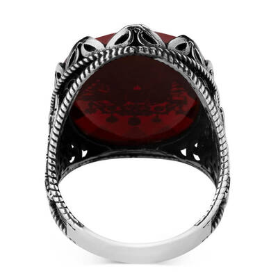 Balta Motifli Kırmızı Zirkon Taşlı Armalı Erkek Yüzük - 3