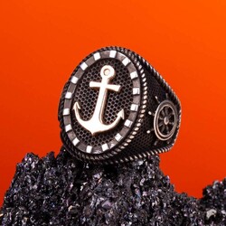 Çapa ve Dümen Motifli Gümüş Denizci Yüzüğü - Thumbnail