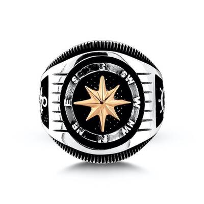Çapa ve Dümenli Pusula Motifli Erkek Gümüş Yüzük - 2