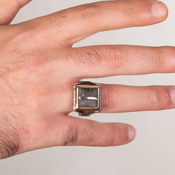 Elif Motifli Kare Tasarım Erkek Gümüş Yüzüğü - Thumbnail