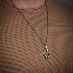 Erkek 925 Ayar Gümüş Kanca Kolye Gold Detaylı Kalın Zincirli - 4