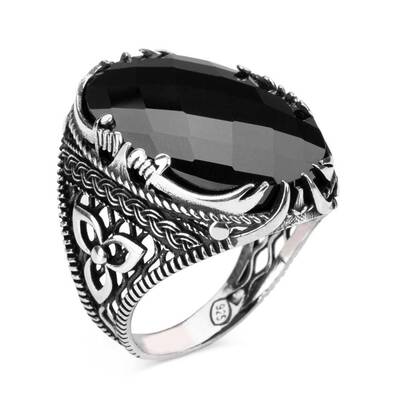Fasetalı Siyah Zirkon Taş Kılıç Figürlü Gümüş Erkek Yüzük - 1