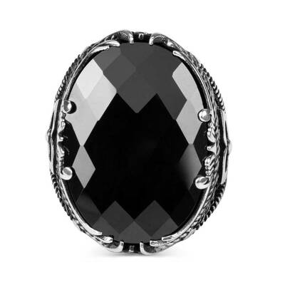 Fasetalı Siyah Zirkon Taş Kılıç Figürlü Gümüş Erkek Yüzük - 2