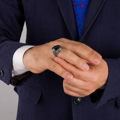 Fasetalı Siyah Zirkon Taş Kılıç Figürlü Gümüş Erkek Yüzük - 3