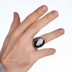 Fasetalı Siyah Zirkon Taş Kılıç Figürlü Gümüş Erkek Yüzük - 5