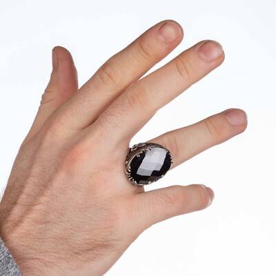 Fasetalı Siyah Zirkon Taş Kılıç Figürlü Gümüş Erkek Yüzük - 5