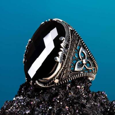 Fasetalı Siyah Zirkon Taş Kılıç Figürlü Gümüş Erkek Yüzük - 6