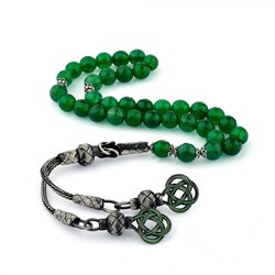 Anı Yüzük - Fasetalı Yeşil Akik Taşlı 1000 Ayar Kazaz Püsküllü Tesbih