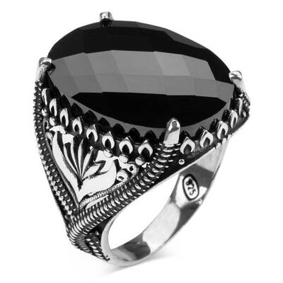 Fasetli Siyah Zirkon Taş Gümüş Erkek Yüzüğü - 1