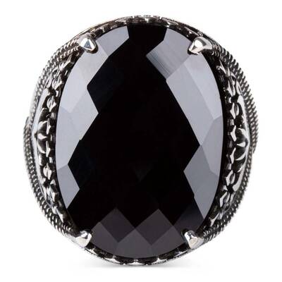 Fasetli Siyah Zirkon Taş Gümüş Erkek Yüzüğü - 2