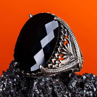 Fasetli Siyah Zirkon Taş Gümüş Erkek Yüzüğü - 6