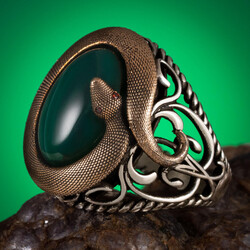 Fierce Snake Yılan Motifli Yeşil Taşlı Gümüş Erkek Yüzük - Thumbnail
